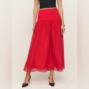Reformation Nuria Red Drop Waist Retro Tulle Formal Midi Skirt Size Medium